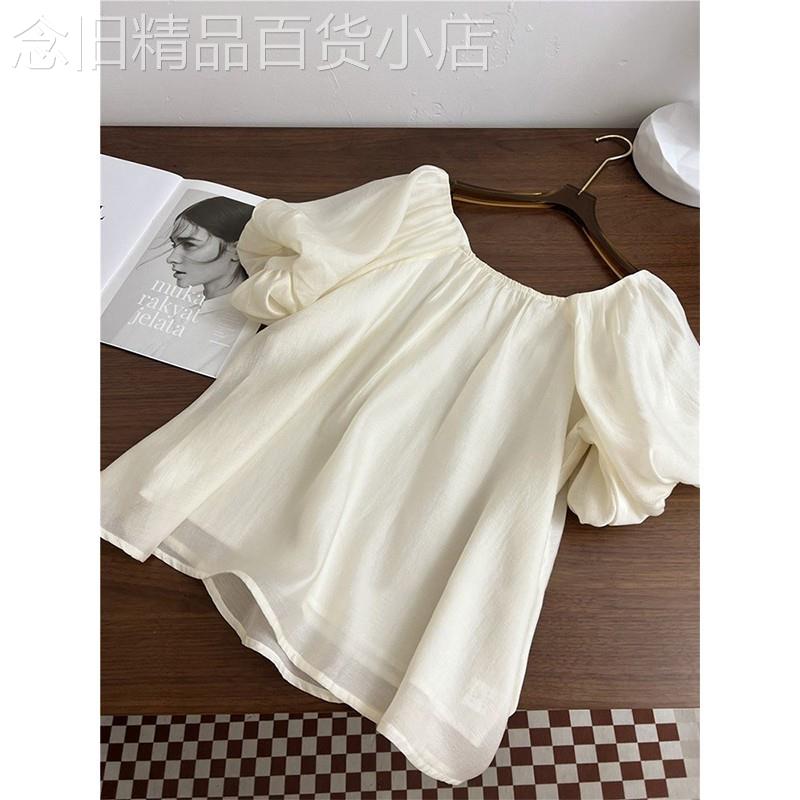 法式泡泡袖短袖衬衫女夏季高级感别致雪纺显瘦娃娃衫一字肩上衣薄
