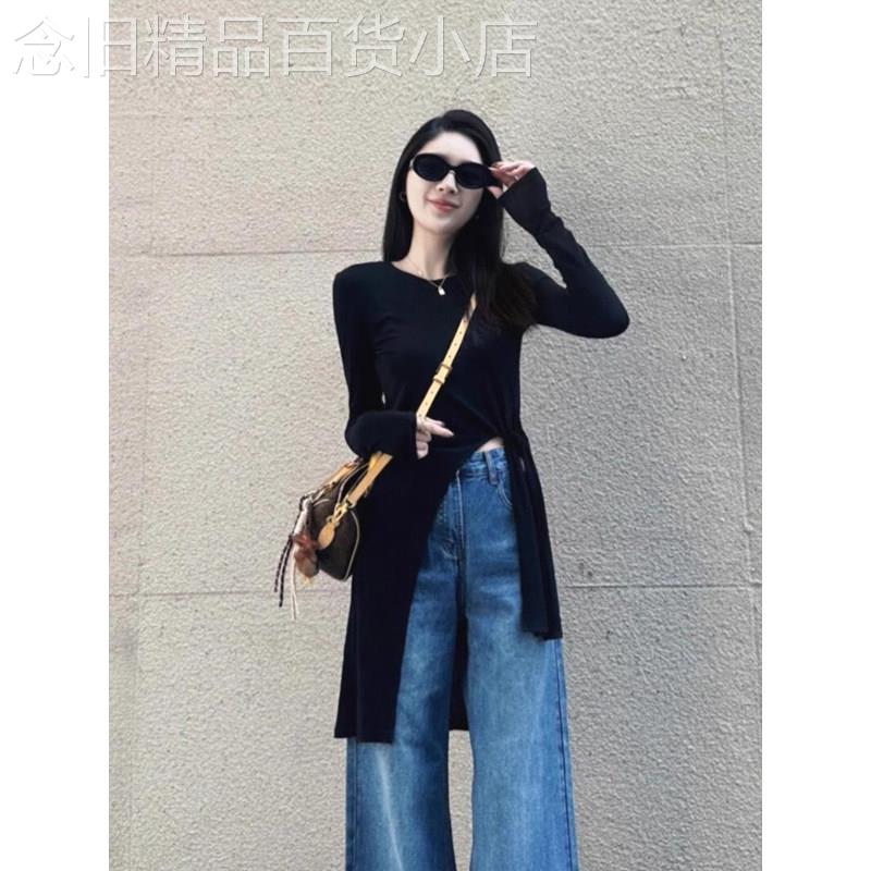 中长版不规则长袖T恤女春秋欧货设计感开叉修身长袖冰丝防晒罩衫