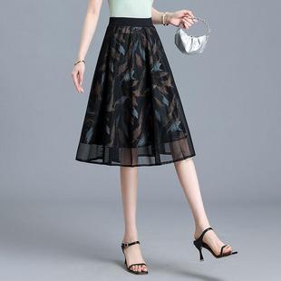 网纱印花半身裙女高腰夏季 A字中裙垂感显瘦飘逸纱裙 2025新款 时尚