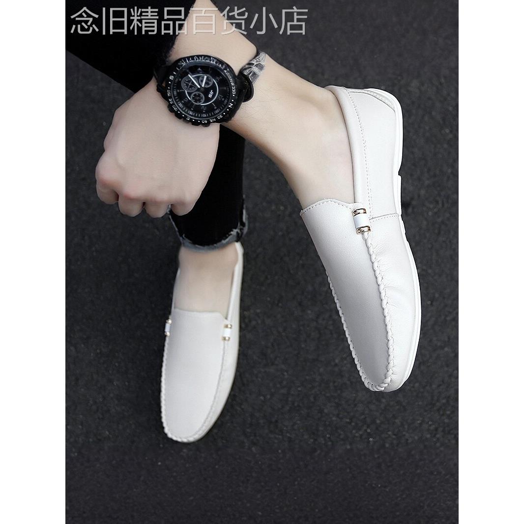 意大利豆豆鞋男2025夏季新款白色休闲皮鞋一脚蹬懒人软底开车男鞋