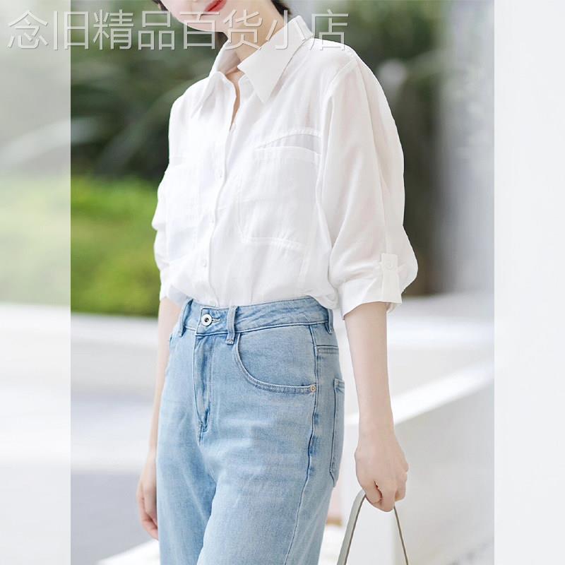 高级感气质白色五分袖衬衫翻领夏季新款女装宽松轻奢上衣衬衫小众