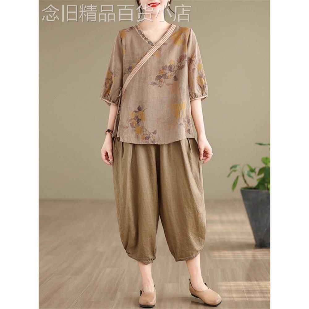 夏季2025新款妈妈国风棉麻套装女士大码衬衫九分哈伦裤苎麻两件套