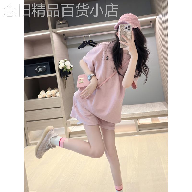韩国粉色时尚套装女夏季新款短袖学生宽松短裤减龄休闲运动两件套