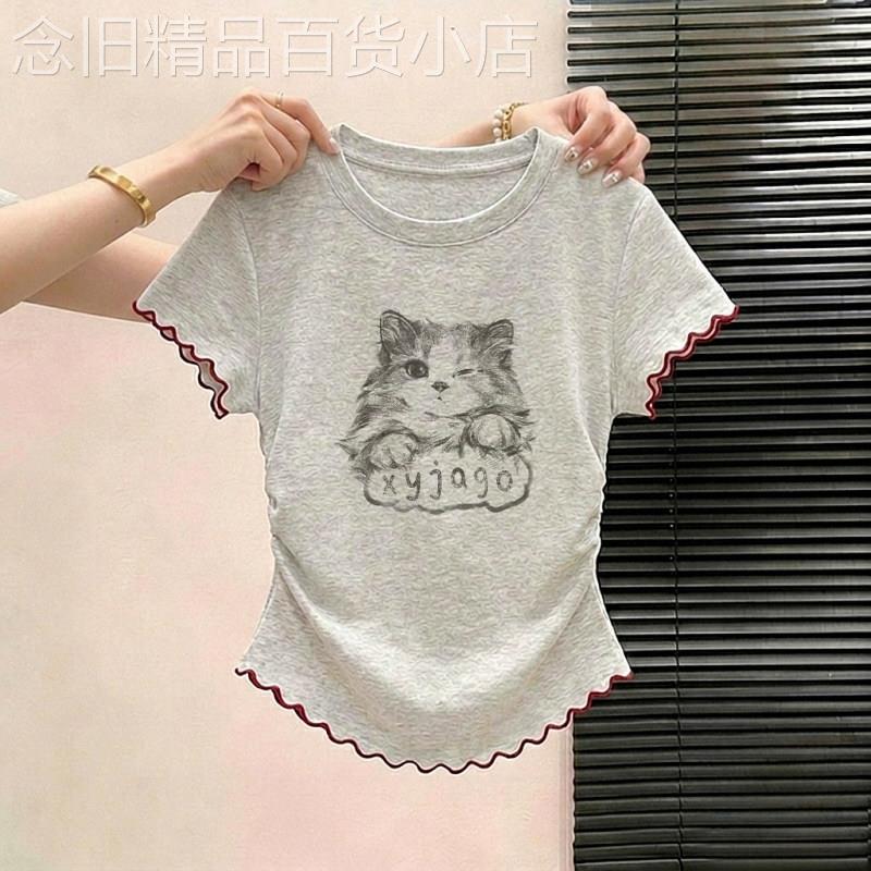 韩系卡通小猫印花木耳边拼色圆领正肩短袖t恤女夏季收腰修身上衣