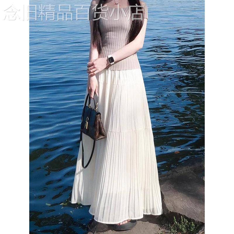 雪纺压褶白色半身裙女2026春夏季高腰显瘦长款蛋糕裙大摆a字伞裙