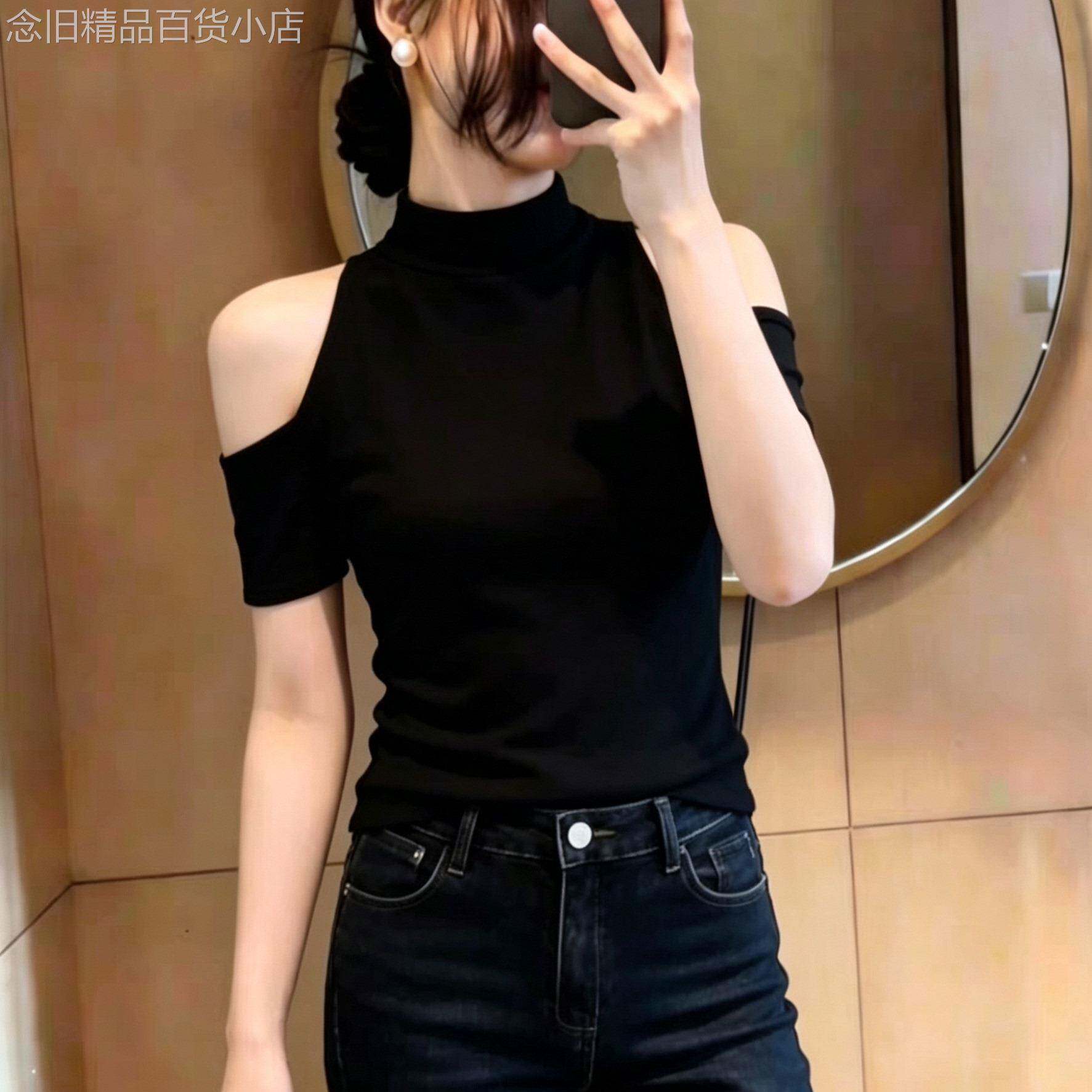 辣妹性感露肩短袖T恤女黑色夏斜肩不规则修身显瘦设计感镂空上衣