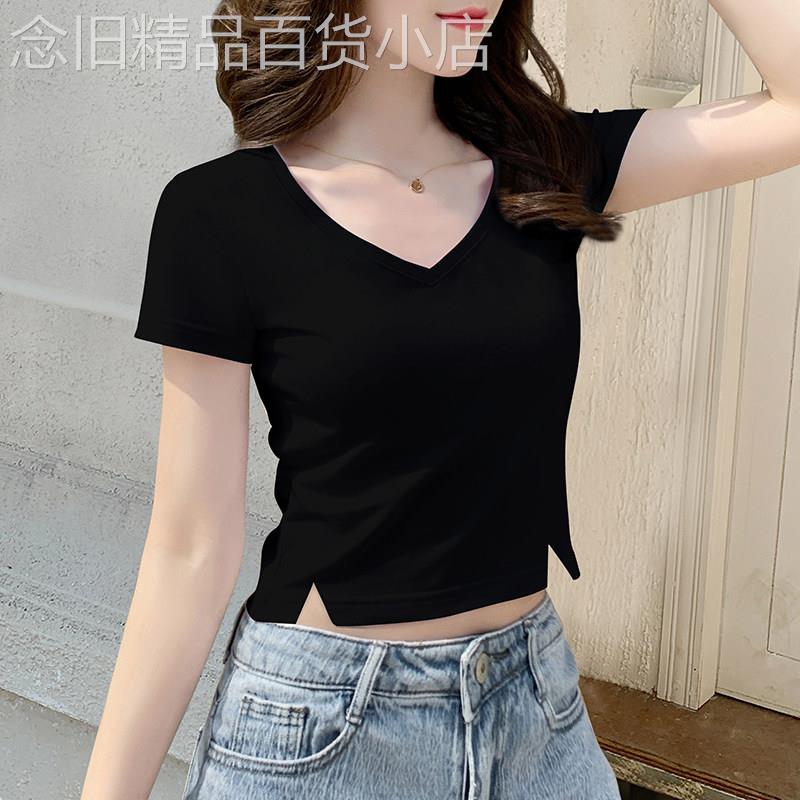纯棉V领短袖t恤女夏季2026新款修身短款小个子高腰开叉显瘦上衣潮