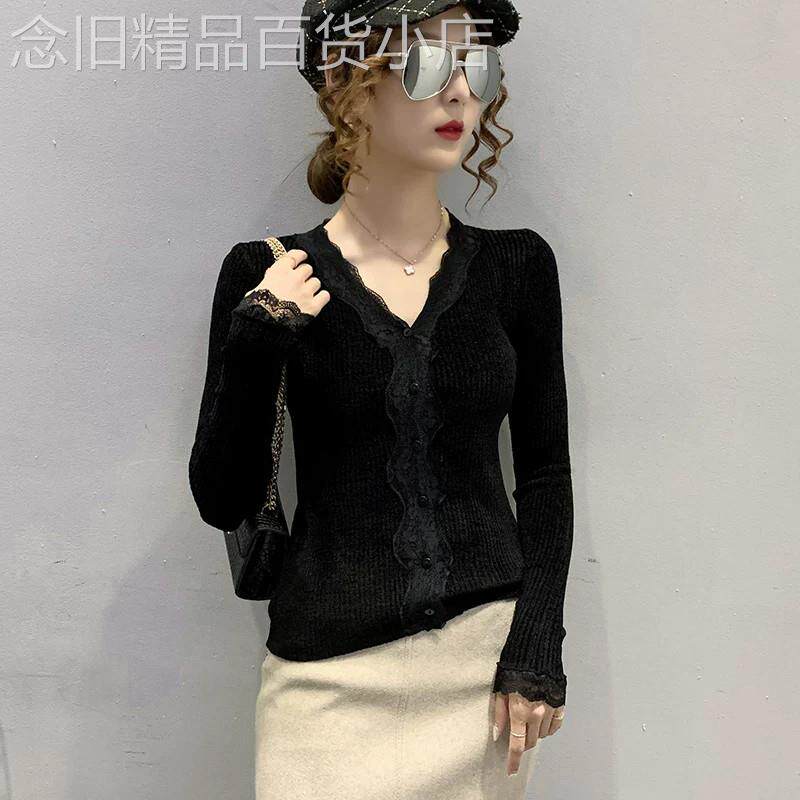 蕾丝花边V领新款秋季2026开衫毛衣女洋气修身打底衫休闲针织上衣