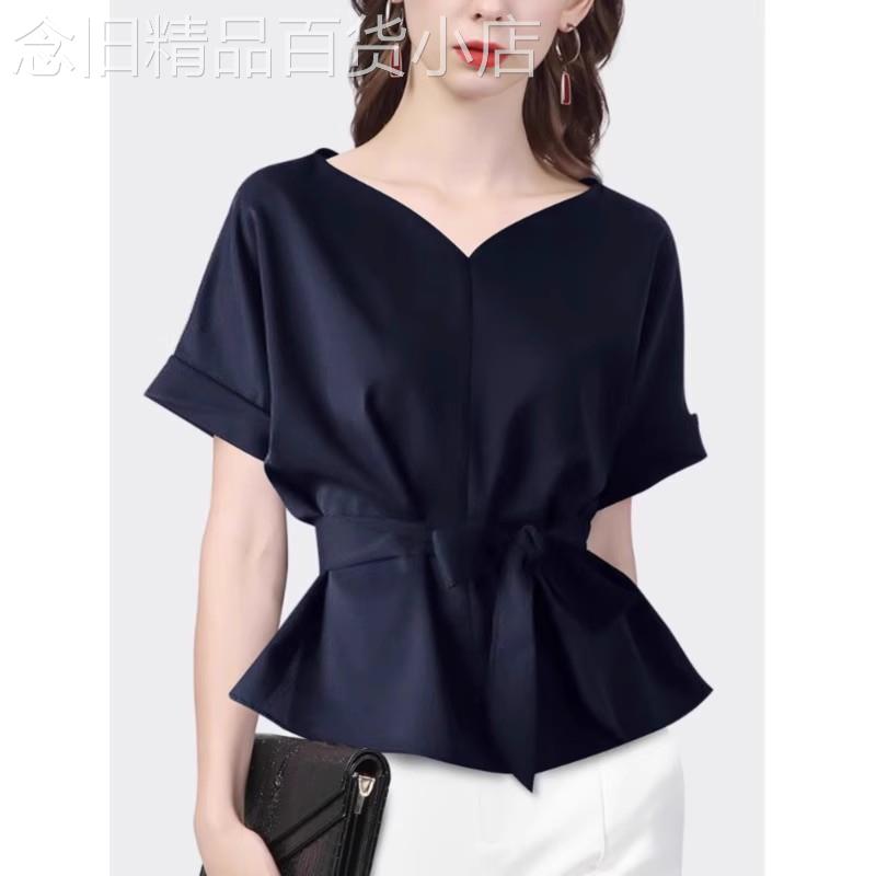 V领法式短袖衬衫女夏季2026新款收腰显瘦设计感小众绑带时尚小衫