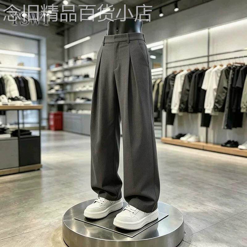 高端潮牌褶皱西装裤男士秋冬新款商务老钱风直筒裤户外休闲阔腿裤