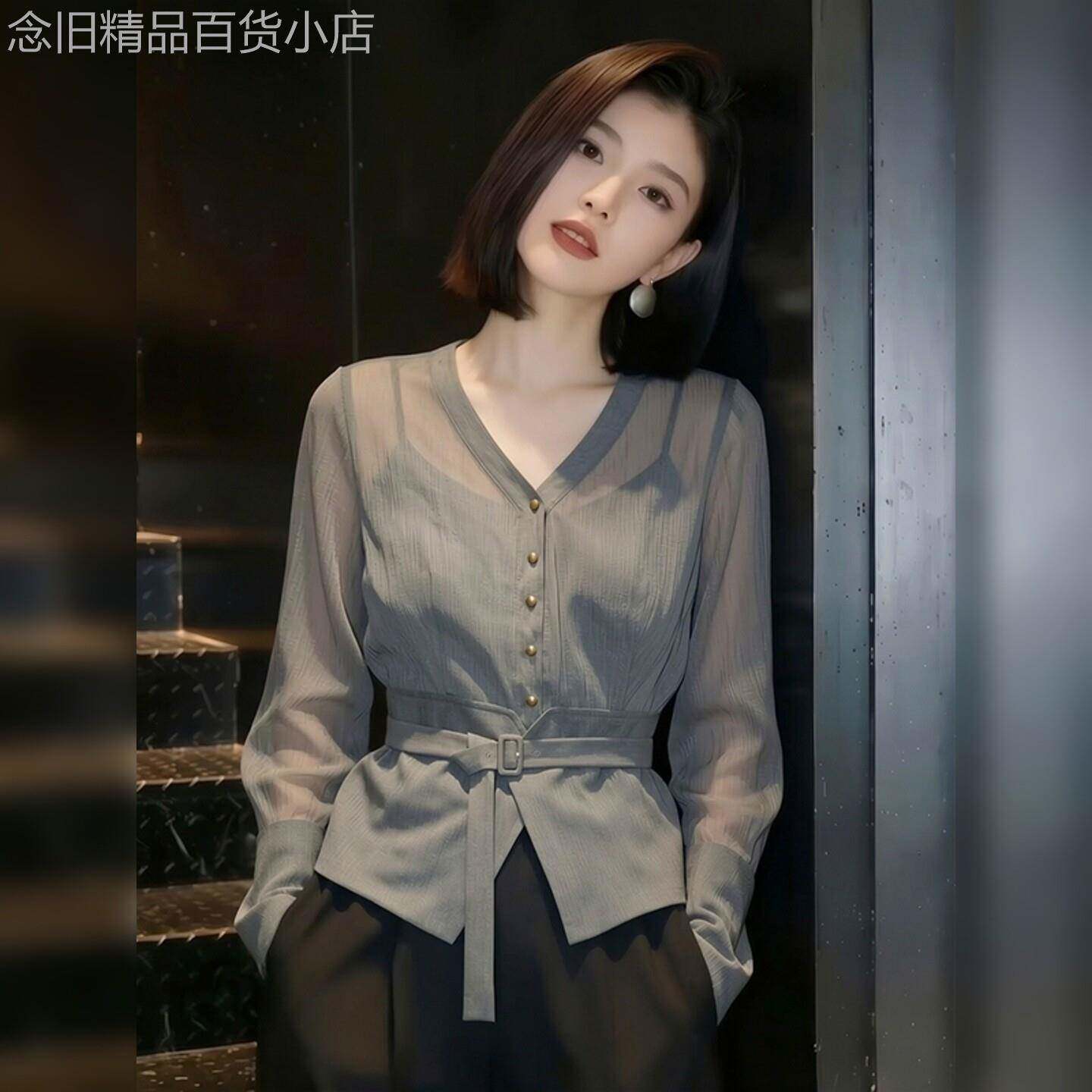 长袖衬衫女2026春季新款韩版宽松设计感上衣V领收腰系带小众衬衣