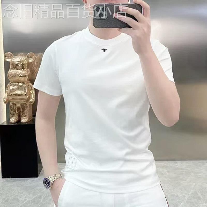 小蜜蜂刺绣短袖T恤男士夏季薄款潮牌痞帅百搭纯色修身圆领上衣服