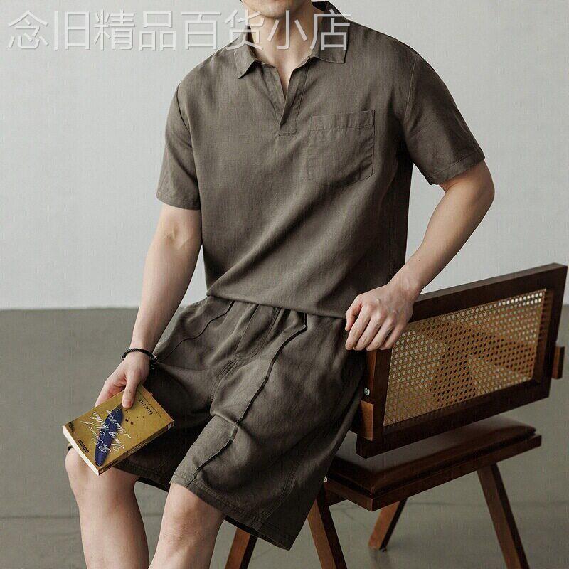 高端亚麻短裤休闲套装男士2026新款夏季慵懒五分裤短袖两件套男款