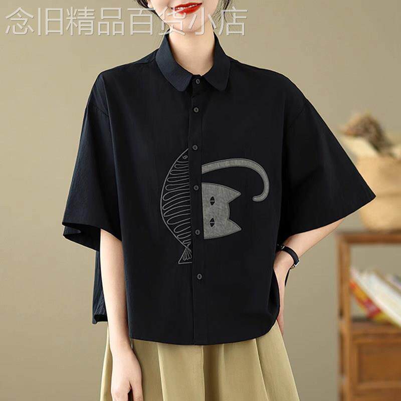 黑色纯棉衬衫女短袖夏季薄款2026新款高级感减龄洋派休闲衬衣上衣
