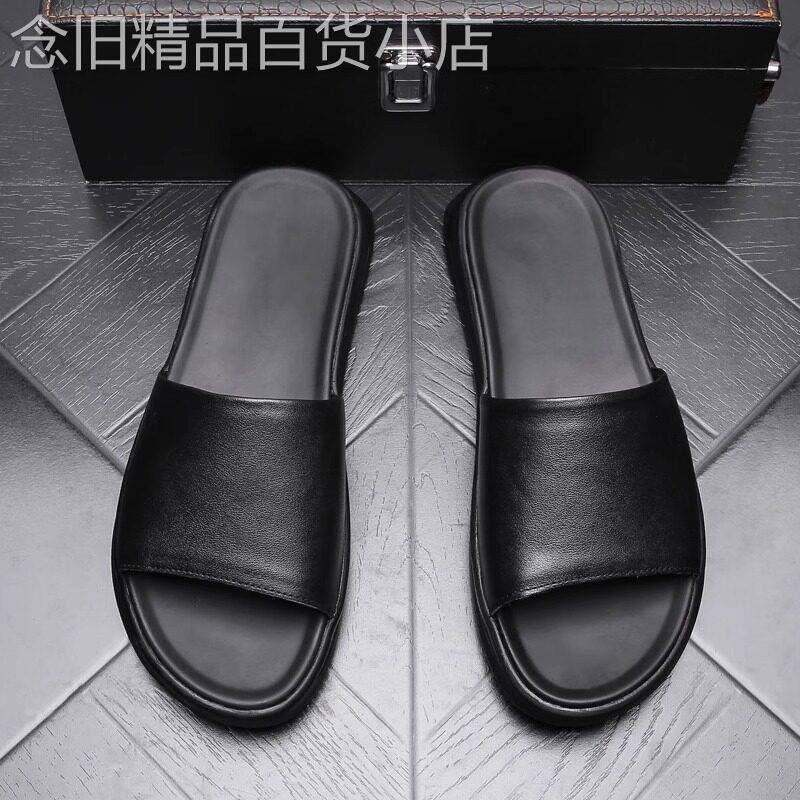 【高品质】头层牛皮拖鞋男黑色真皮一字拖夏天沙滩鞋男软底皮凉拖