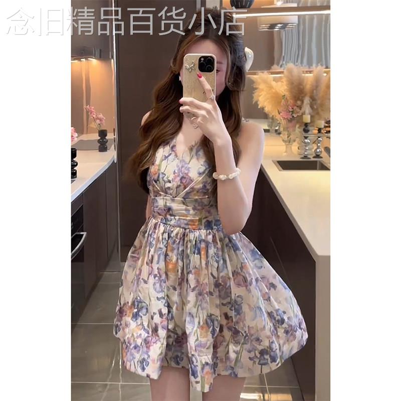 专柜2025夏新款法式无袖V领碎花连衣裙女小个子洋气收腰显瘦短裙