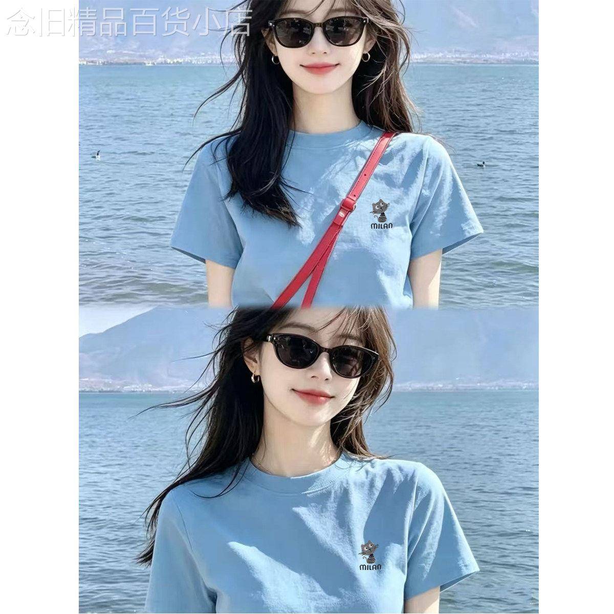韩国清新简约蓝色印花短袖T恤女2026夏日漂亮小上衣高知短款穿搭