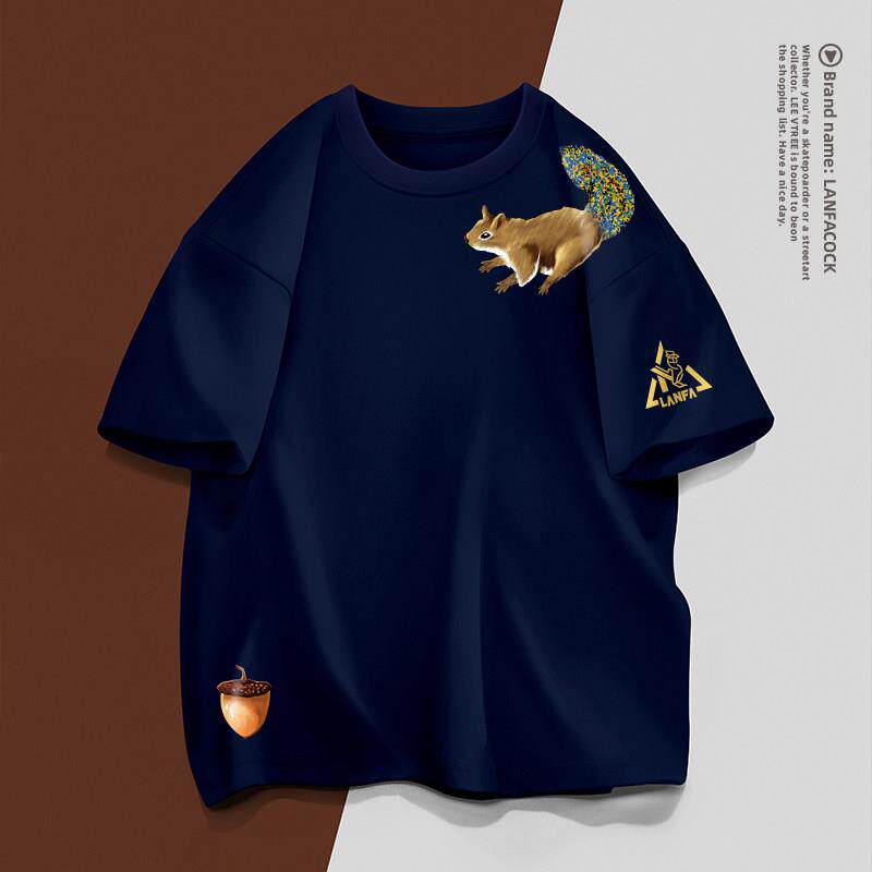 严选品质2025夏季重磅220G纯棉松鼠印花短袖T恤男女秋季长袖T恤衫