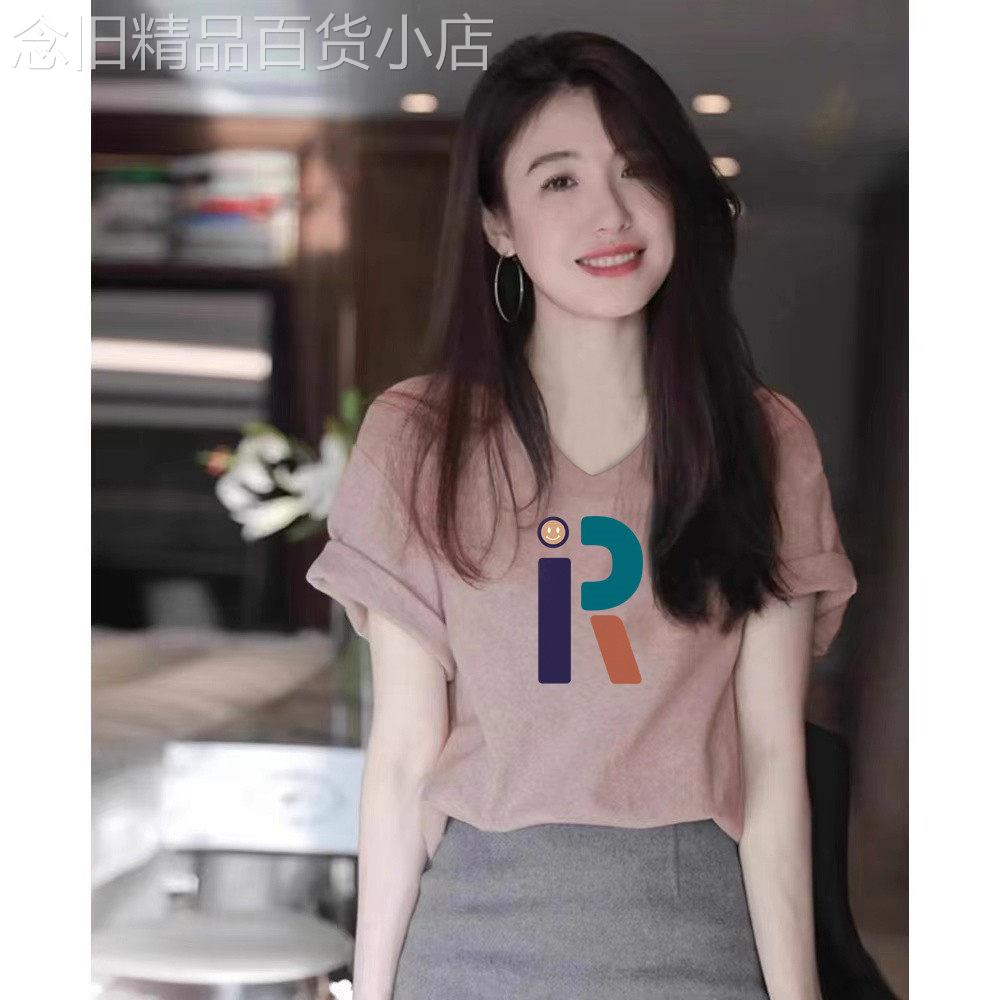夏季法式粉色别致V领短袖t恤女设计感小众纯棉显瘦T恤休闲上衣潮