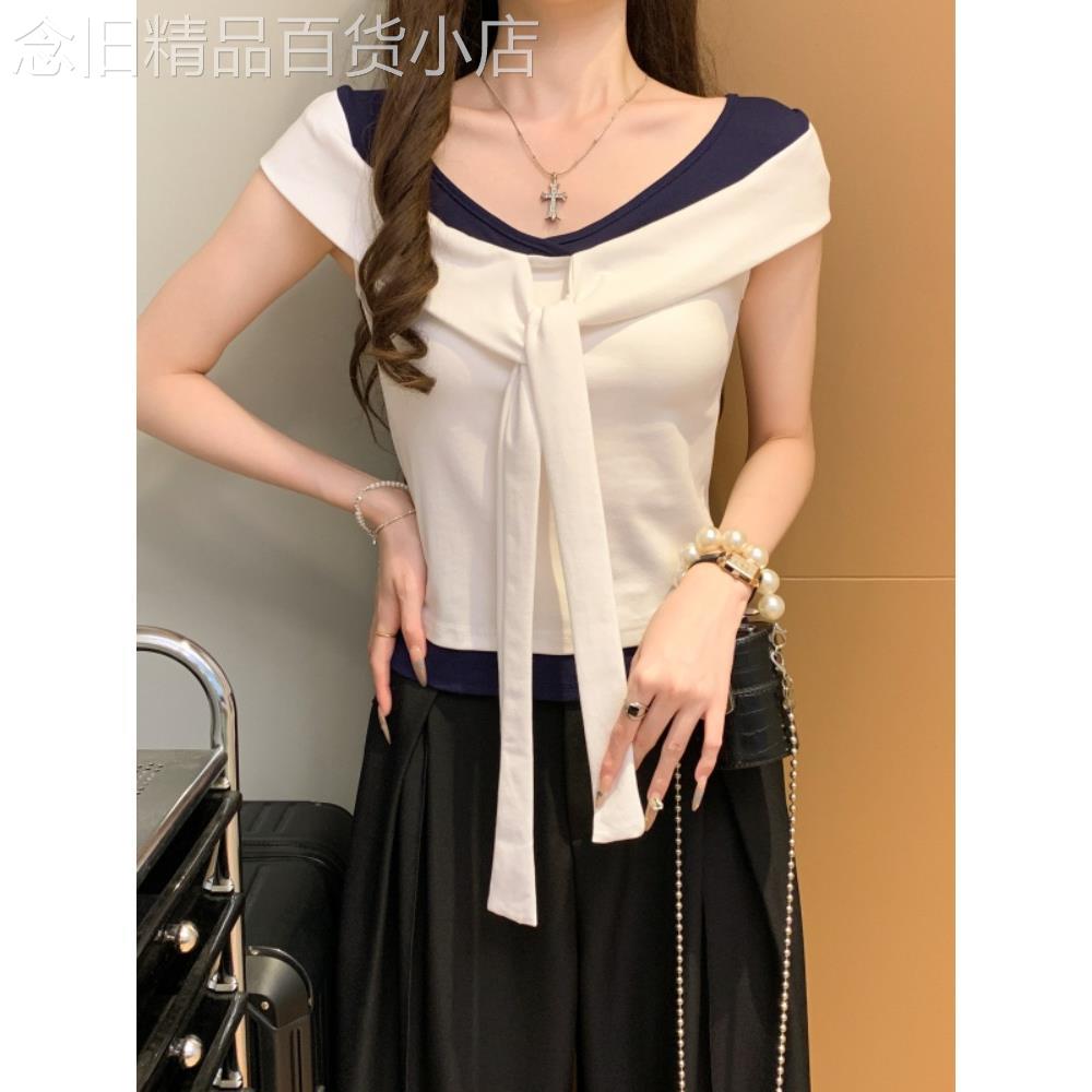 一字肩短袖T恤女夏季薄款修身显瘦撞色T恤1/4吋套筒扳手袖露锁骨