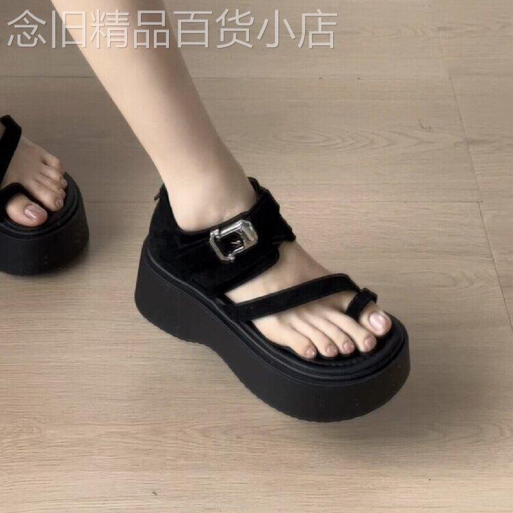 网红爆款法式厚底套趾罗马凉鞋女新款夏季增高防滑沙滩凉鞋子中帮