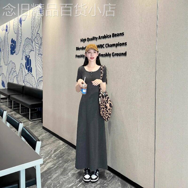 深灰色短袖t恤连衣裙女夏季2026新款高级感气质时尚减龄长款t恤裙