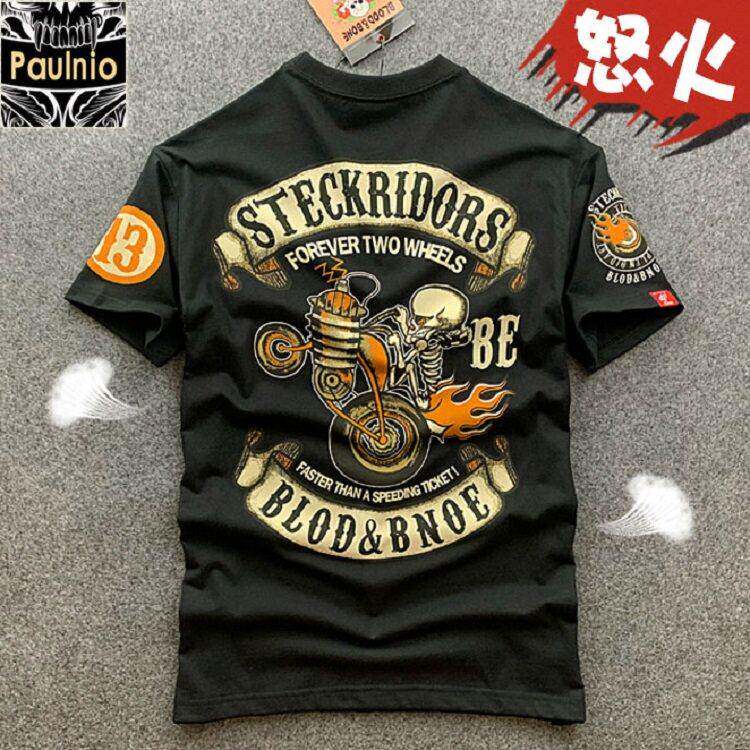 哈雷机车骷髅印花港风短袖男T恤INS欧美复古潮牌摇滚纯棉半袖
