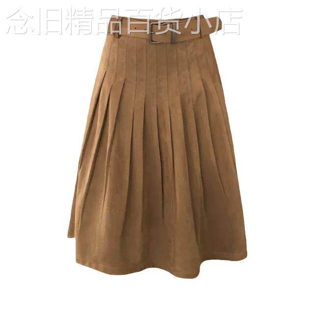 韩版慵懒风复古压褶半身裙女2026春秋新款时尚纯色气质中长款裙子
