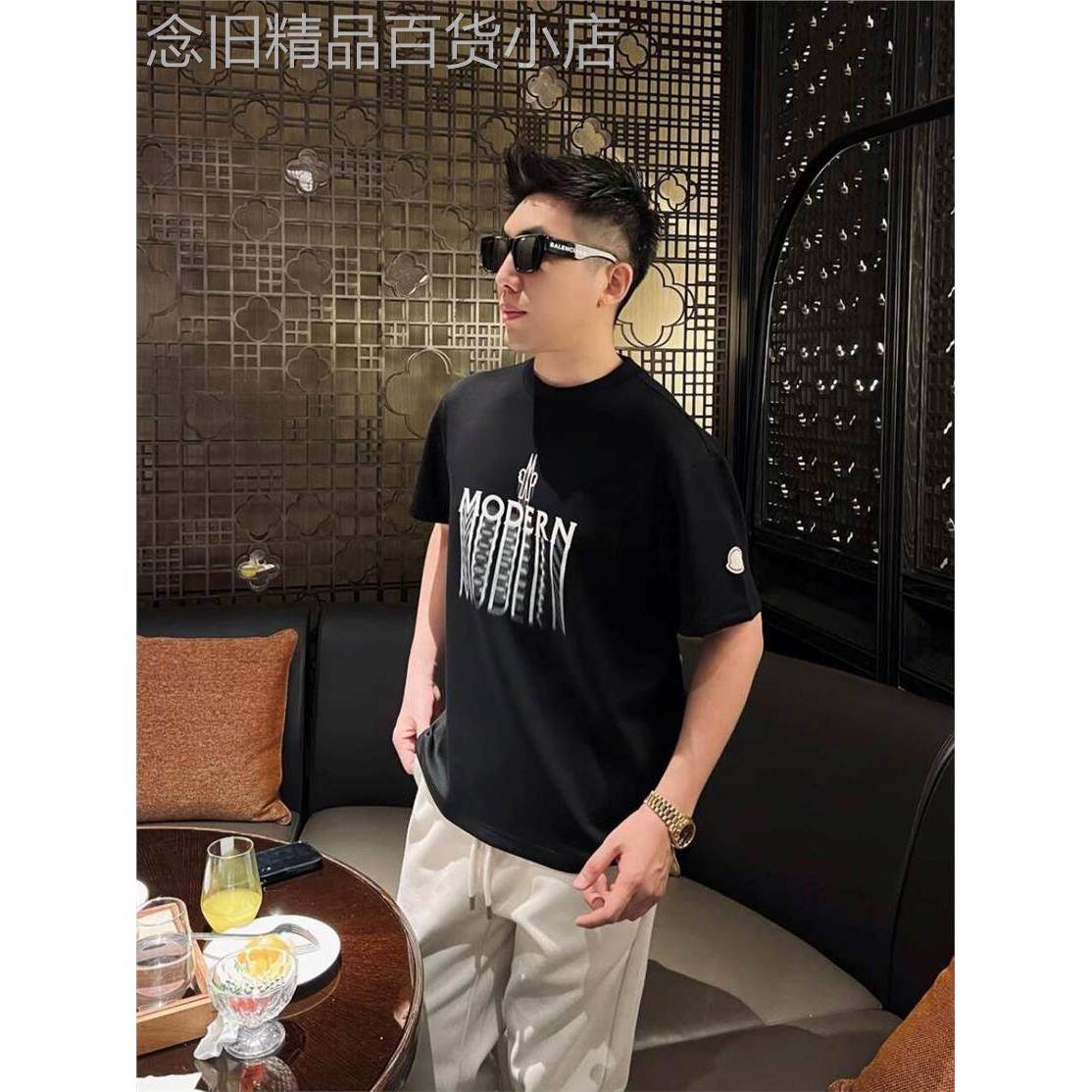 香港潮牌摩登新款重磅短袖袖标男士T恤纯棉休闲半袖高级感男宽松
