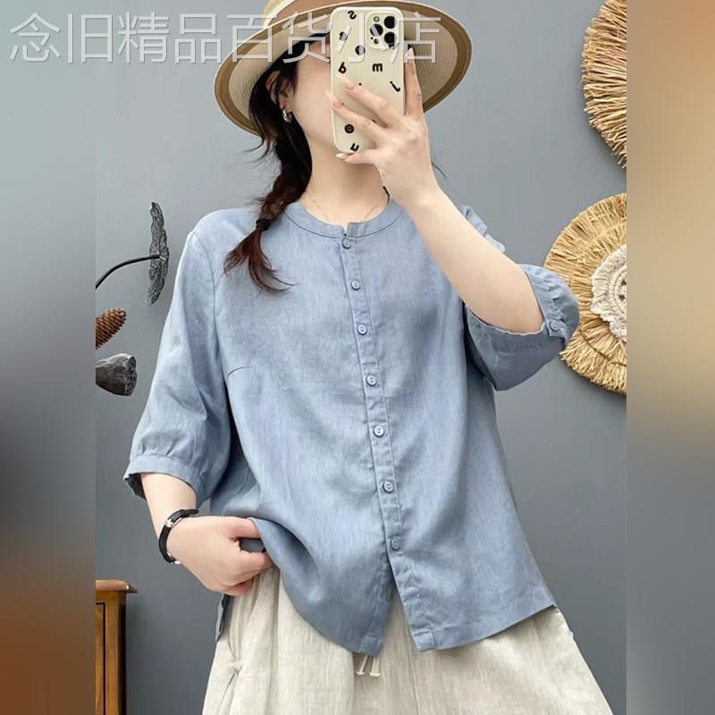 潮牌亚麻衬衫女款夏季新款韩版宽松显瘦七分袖棉麻防晒衫衬衣上衣