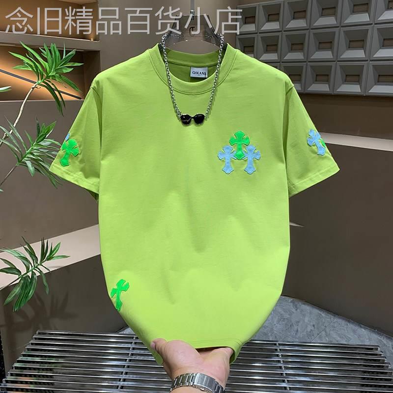 刺绣短袖T恤男士夏季潮牌痞帅个性十字架高端百搭宽松休闲T恤衫