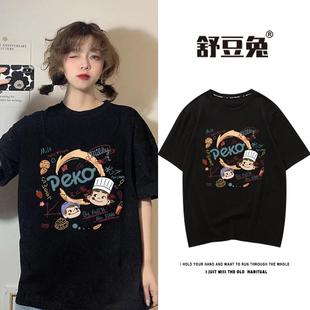 t恤 2025年新款 夏季 ins潮牌小众休闲美式 卡通上衣圆领宽松女士短袖