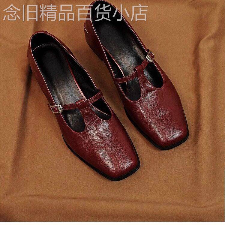 方头小羊皮包鞋女2025覆古真皮粗跟玛丽珍鞋百搭红色配裙子小皮鞋