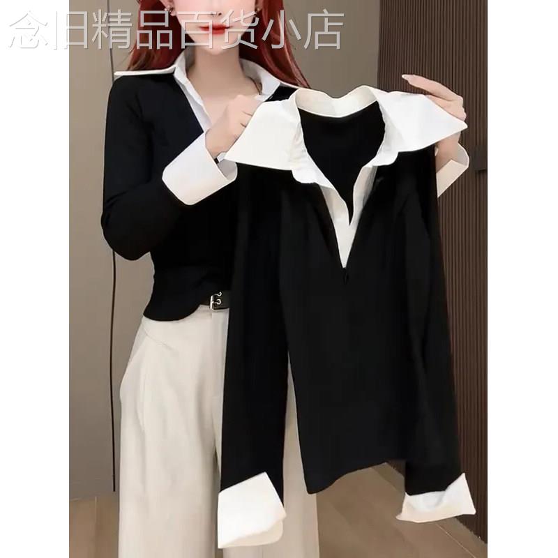 V领假两件喇叭袖衬衫女春秋欧货撞色衬衫领拼接收腰修身显瘦上衣