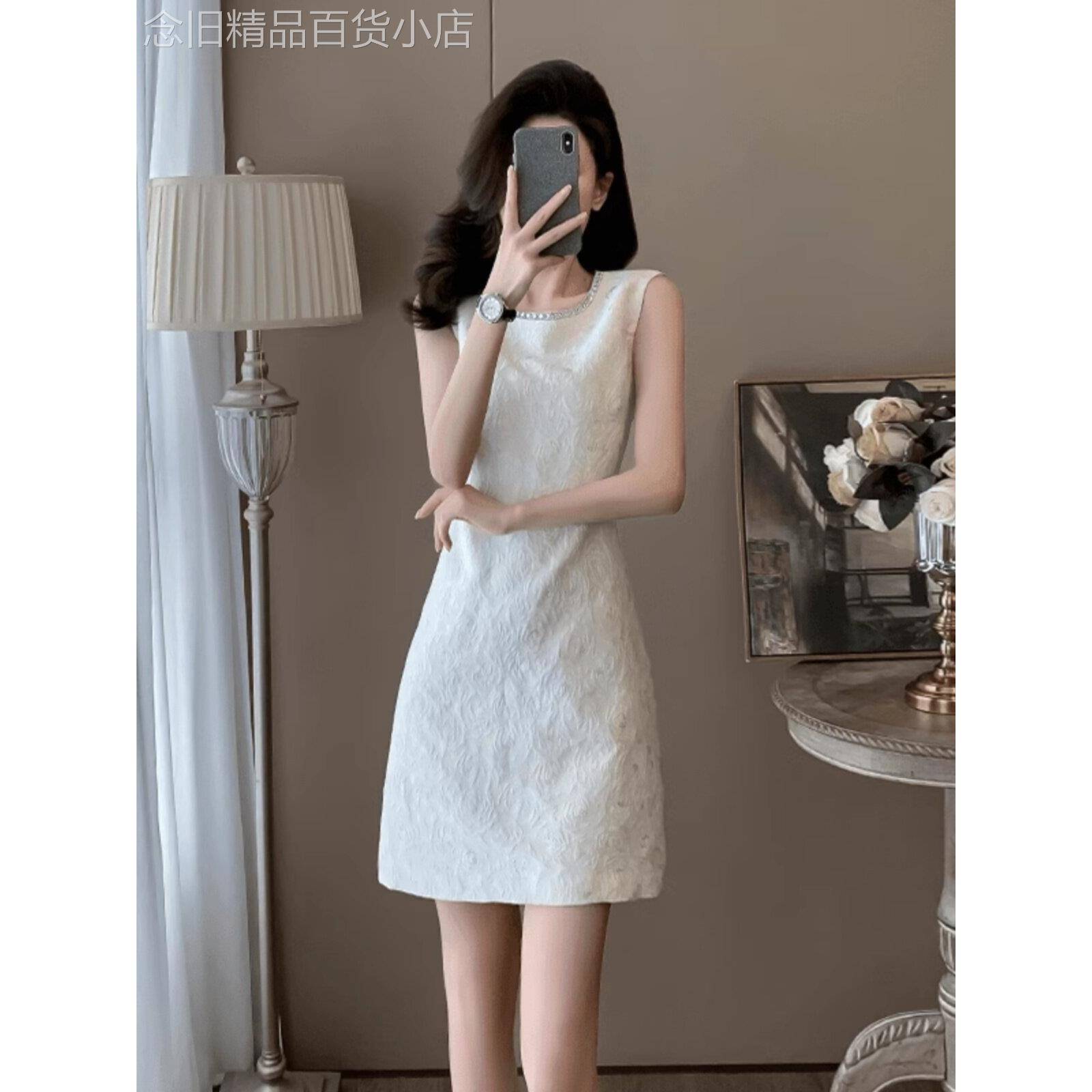 欧洲站白色优雅的名人经典连衣裙女士2025夏季新款小腰背心裙
