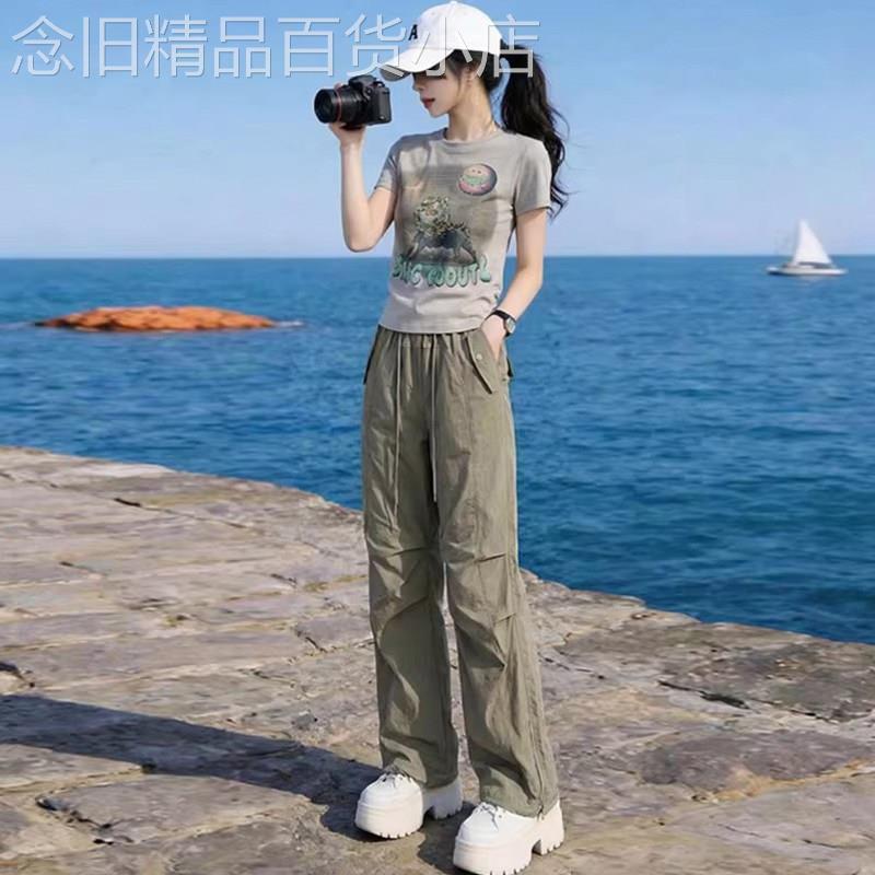 欧洲站休闲运动套装女新款2026夏季时尚小个子T恤工装裤两件套潮