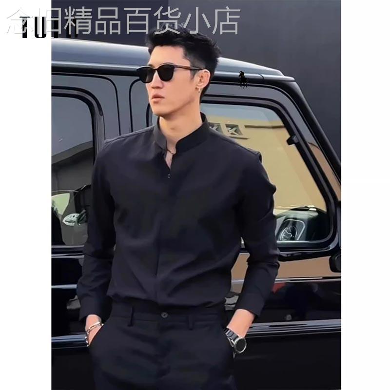 衬衫男士长袖春秋季高级感痞帅休闲衬衣潮流百搭纯色翻领寸衫外套