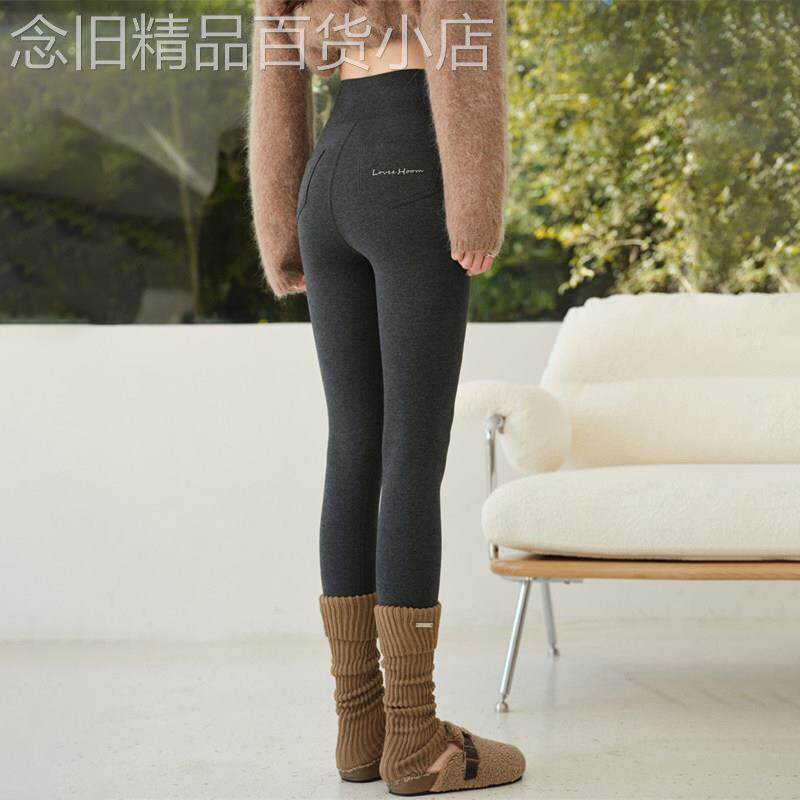 潮牌加绒打底裤外穿女2025秋冬高腰显瘦棉裤纯棉加厚保暖加口袋裤