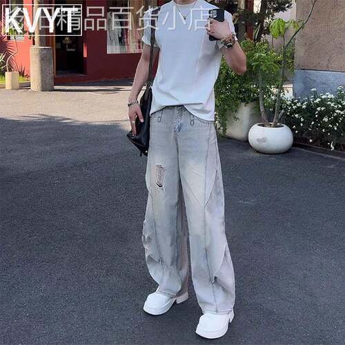 潮牌男士薄款破洞牛仔裤2026年夏季新款美式斜切弯刀裤男款休闲裤
