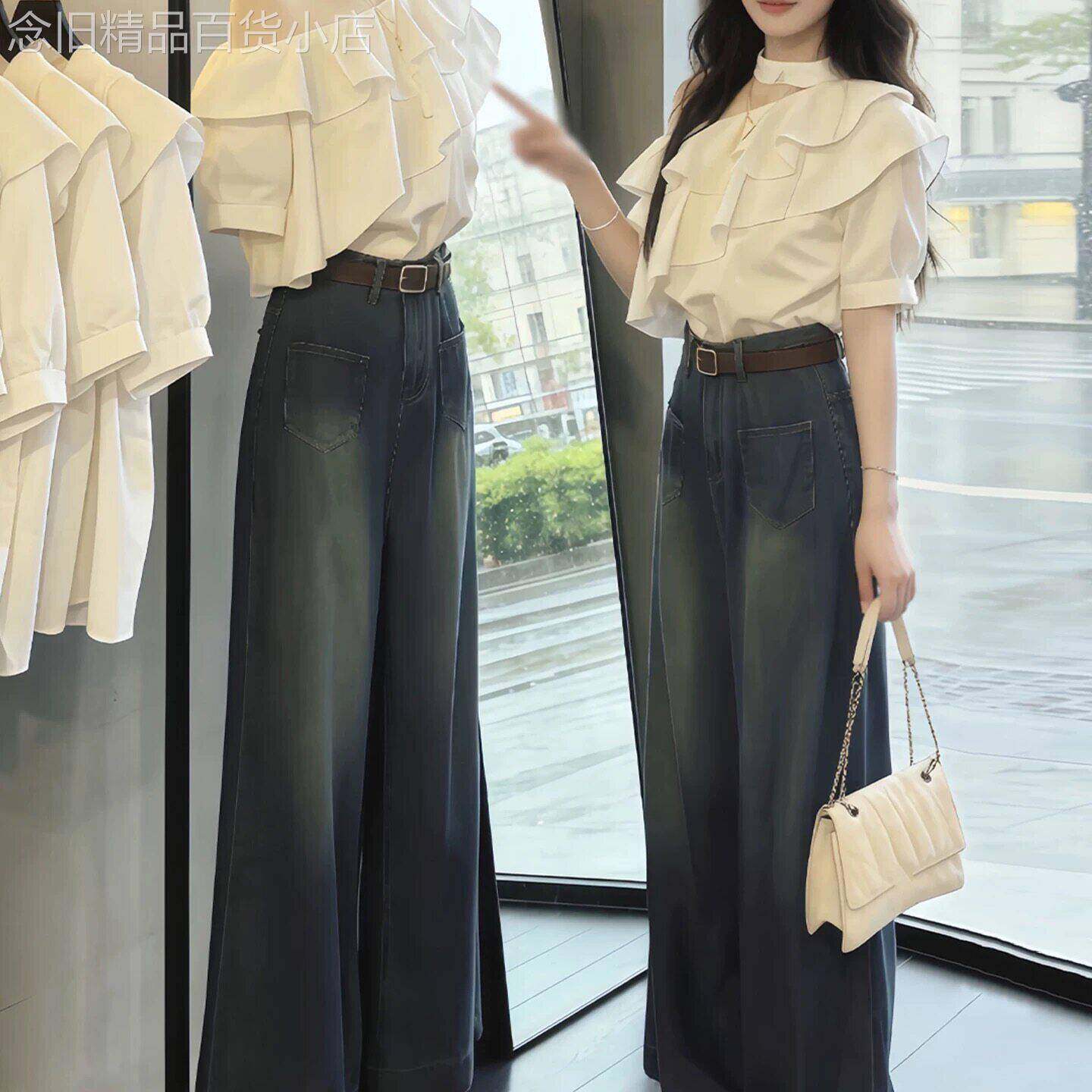 夏季套装女薄款2026新款高级感短袖衬衫阔腿牛仔裤休闲时尚两件套