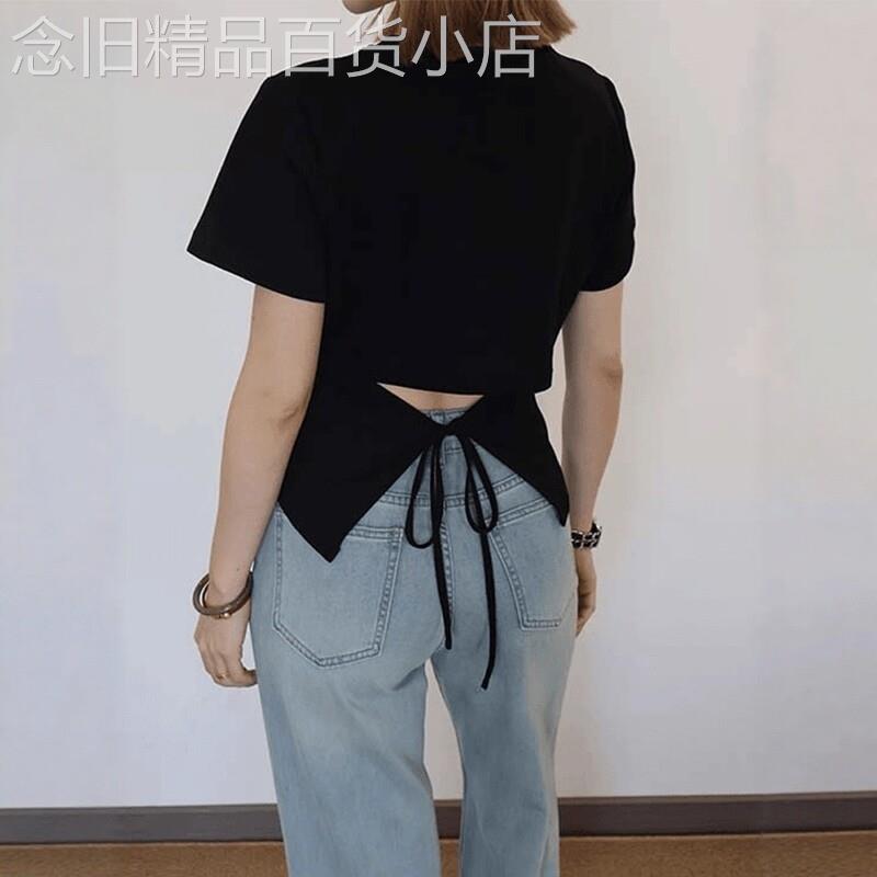 后背镂空短袖t恤女夏季2026新款设计感小众修身显瘦系带短款上衣