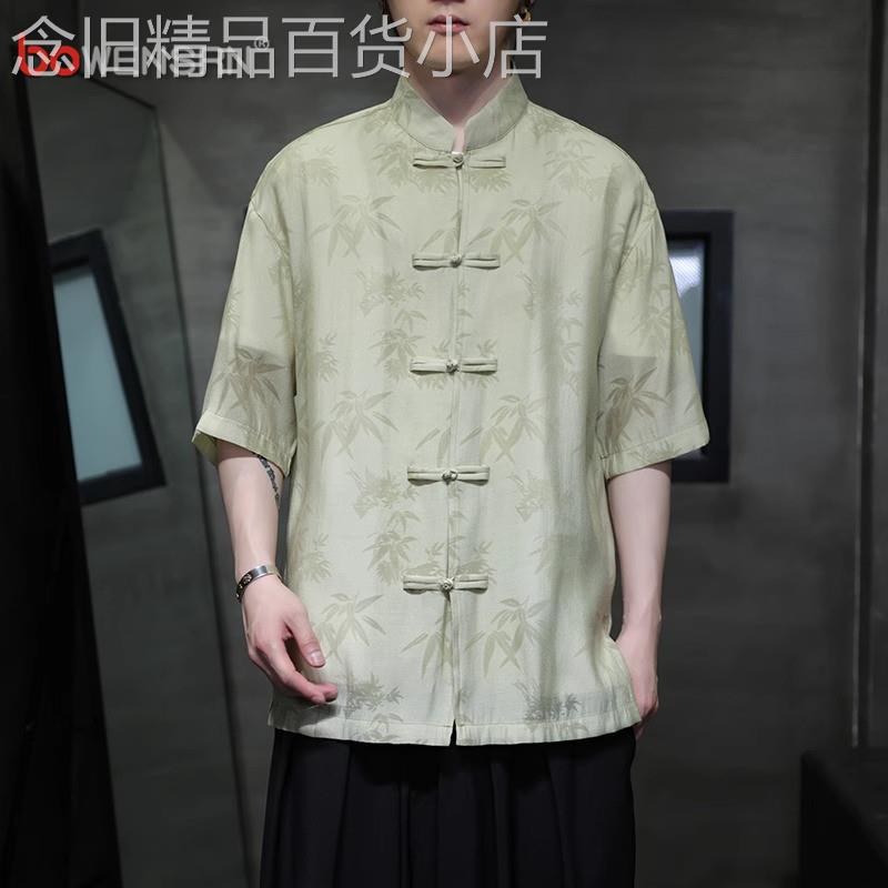 新中式短袖衬衫男士2026新款夏季国风盘扣唐装汉服半袖衬衣服男款