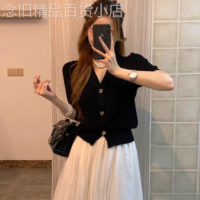 黑色冰丝针织短袖开衫女夏薄款2026新款小香风气质百搭V领T恤上衣