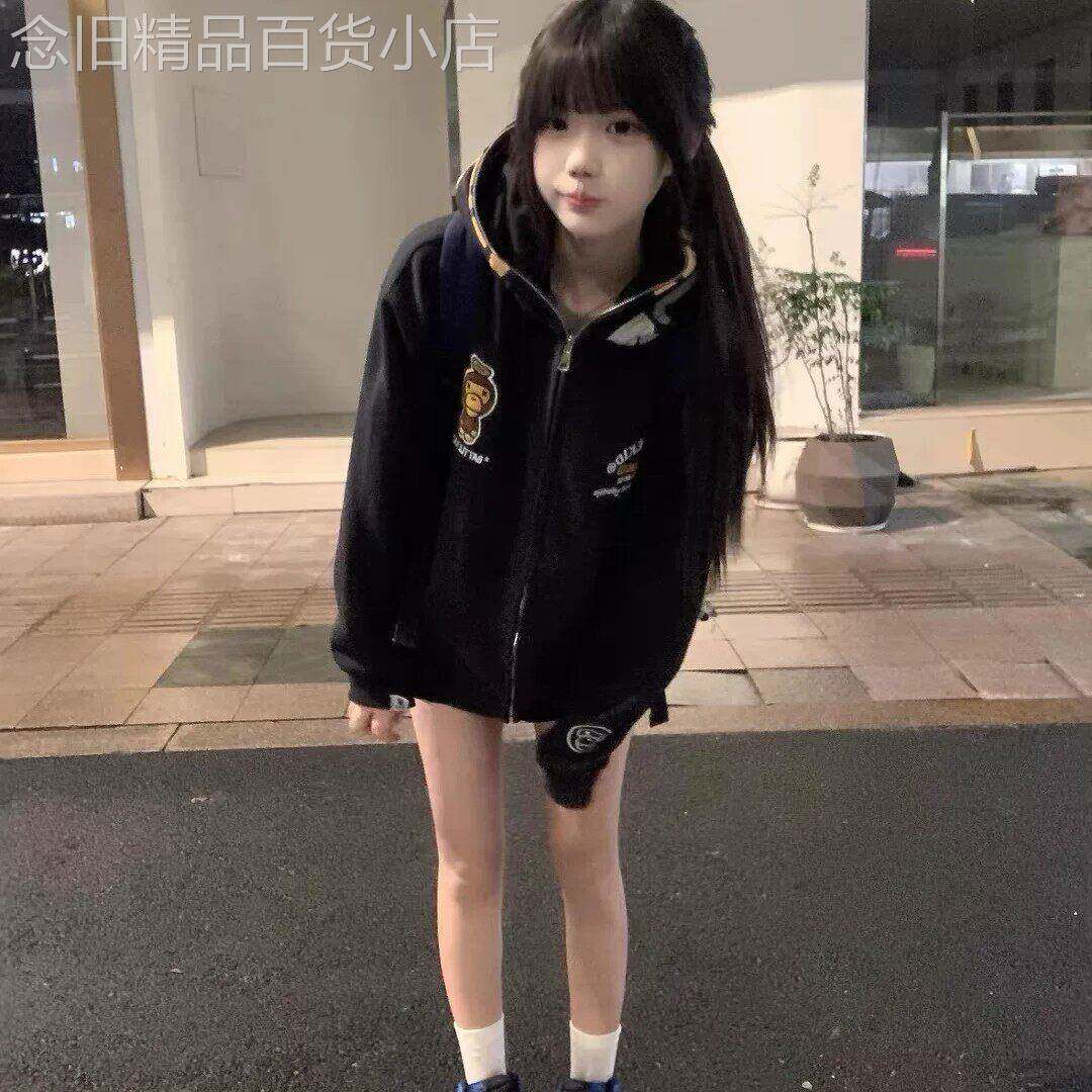 米兰风MDCW美式复古双帽刺绣猴子连帽卫衣女春秋宽松情侣外套上衣