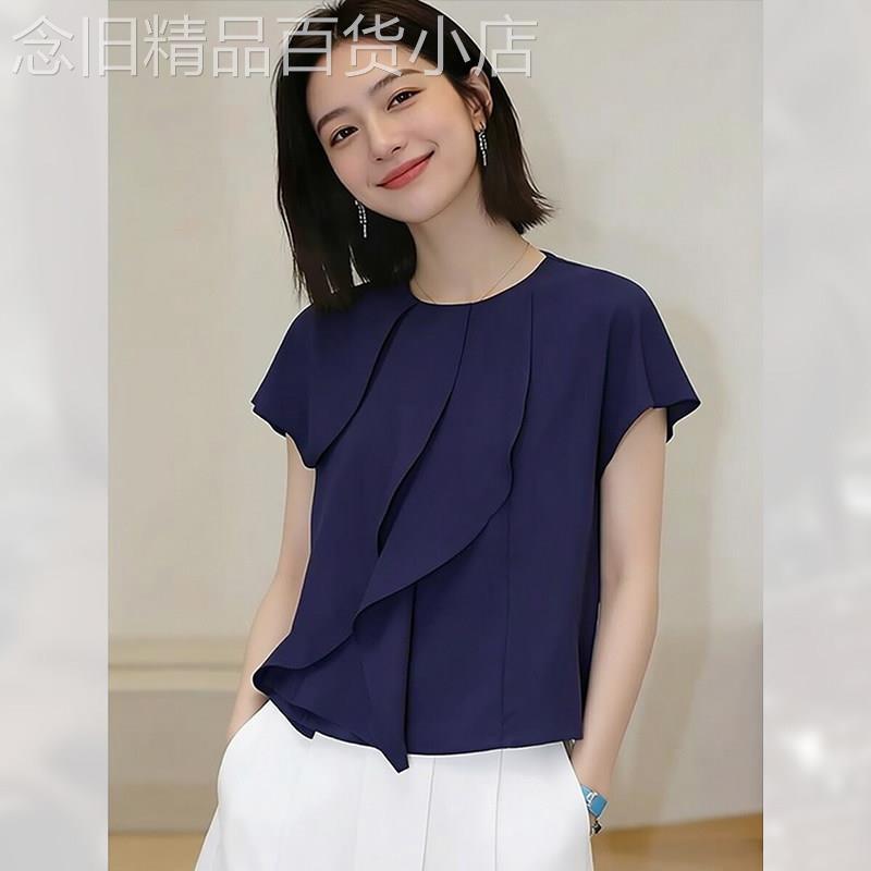 别致独特上衣雪纺显瘦复古女夏季2026年新款轻奢漂亮短袖减龄T恤