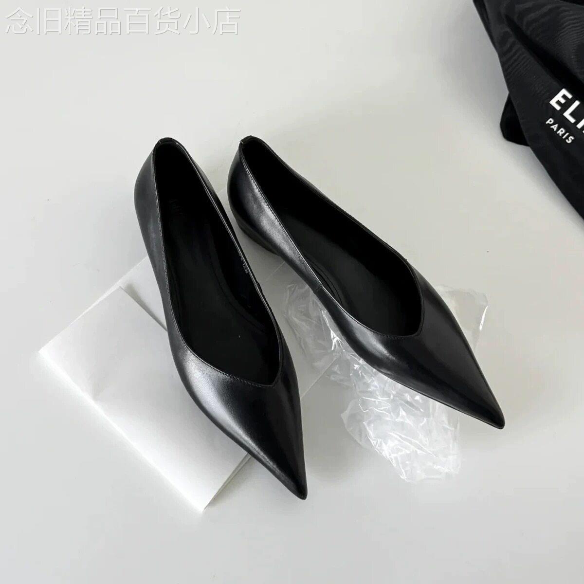 羊皮法式尖头包鞋女2026新款春秋季百搭极简风浅口平底内增高女鞋
