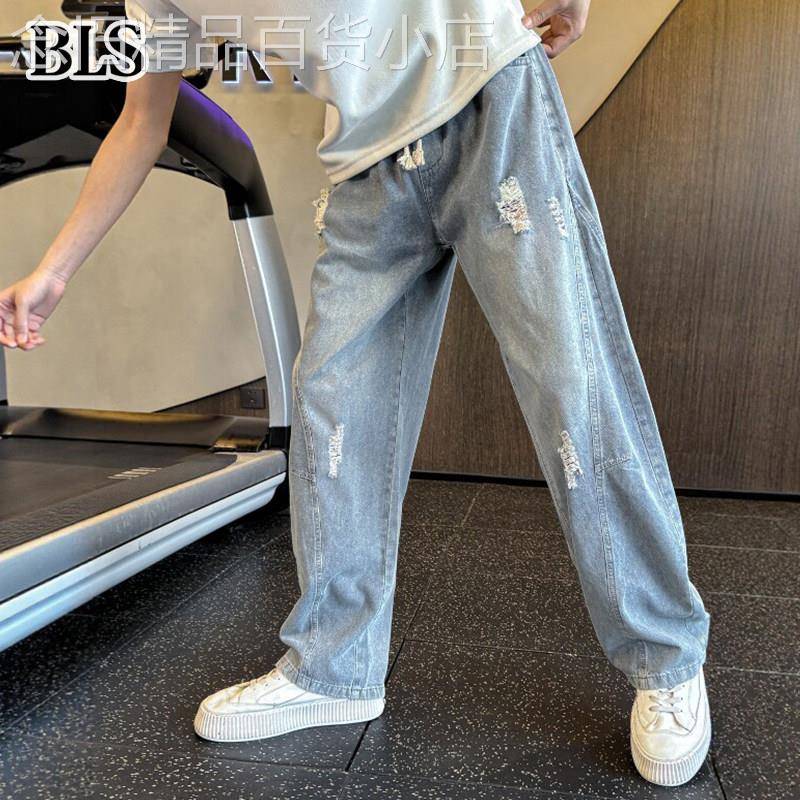 高端水洗破洞弯刀牛仔裤男士夏季薄款2026新款宽松直筒阔腿哈伦裤