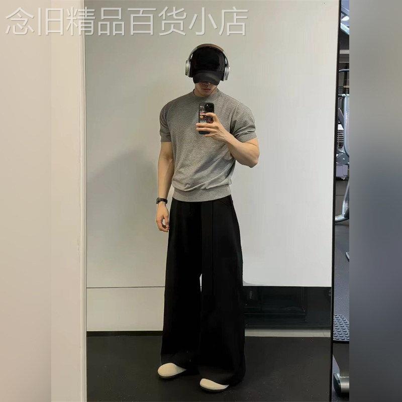 高端美式潮流针织短袖男夏季T恤休闲解构弯刀阔腿裤子套装