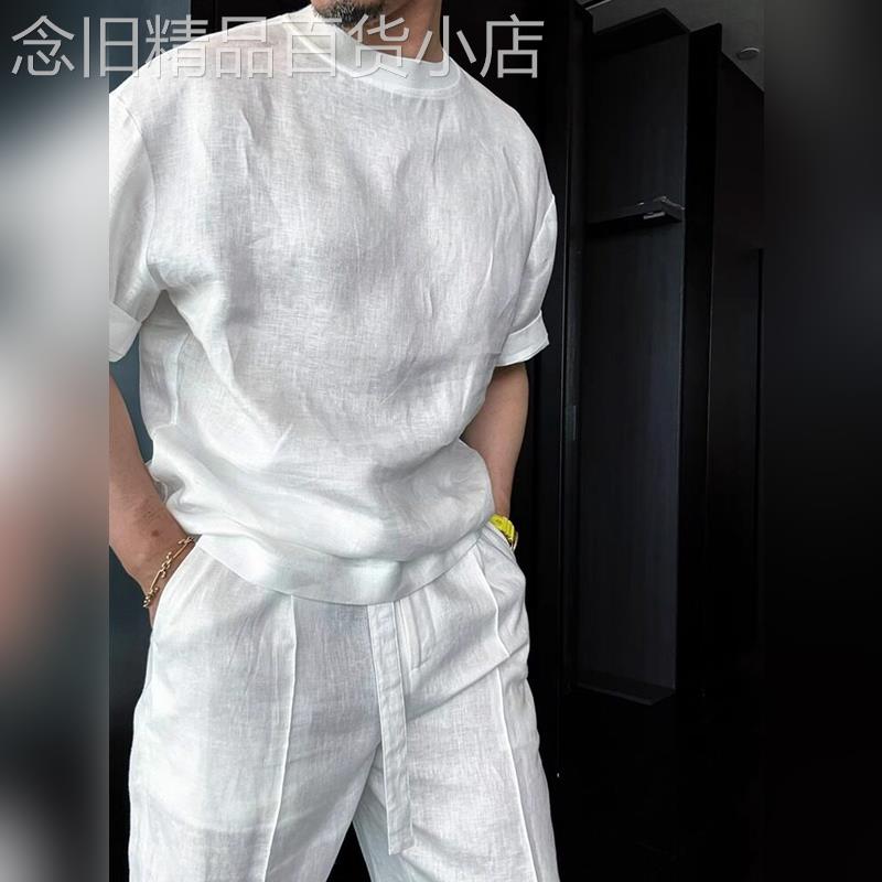 轻奢老钱风亚麻休闲套装男款2026夏季慵懒风棉麻短袖裤子两件套潮