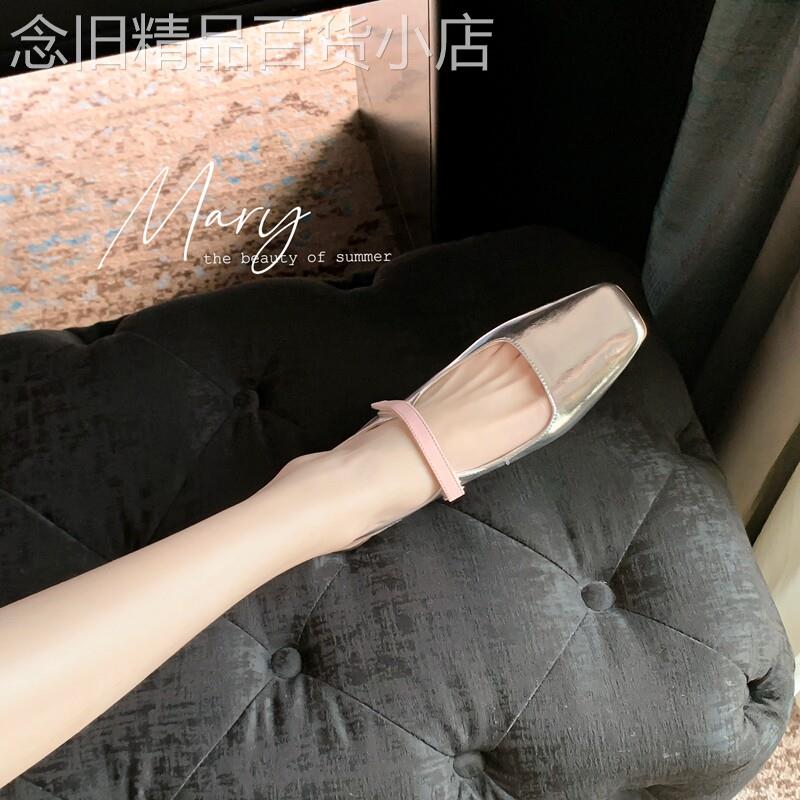 夏夜晚风~温柔配裙子平底包头银色凉鞋女方头浅口低跟玛丽珍单鞋